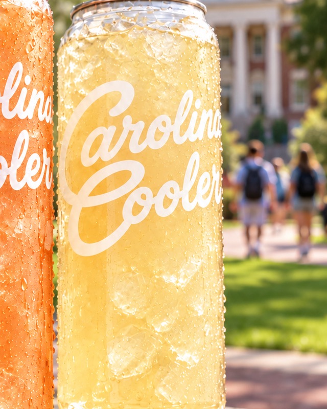 A can of golden lemonade on a sunny campus lawn