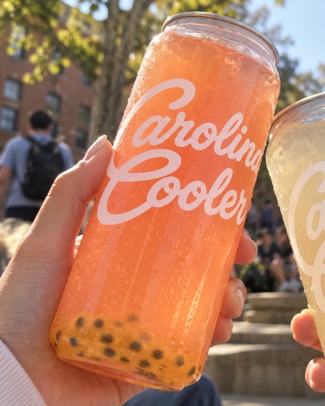 A can of orange passion fruit lemonade with seeds at the bottom, raised on campus steps