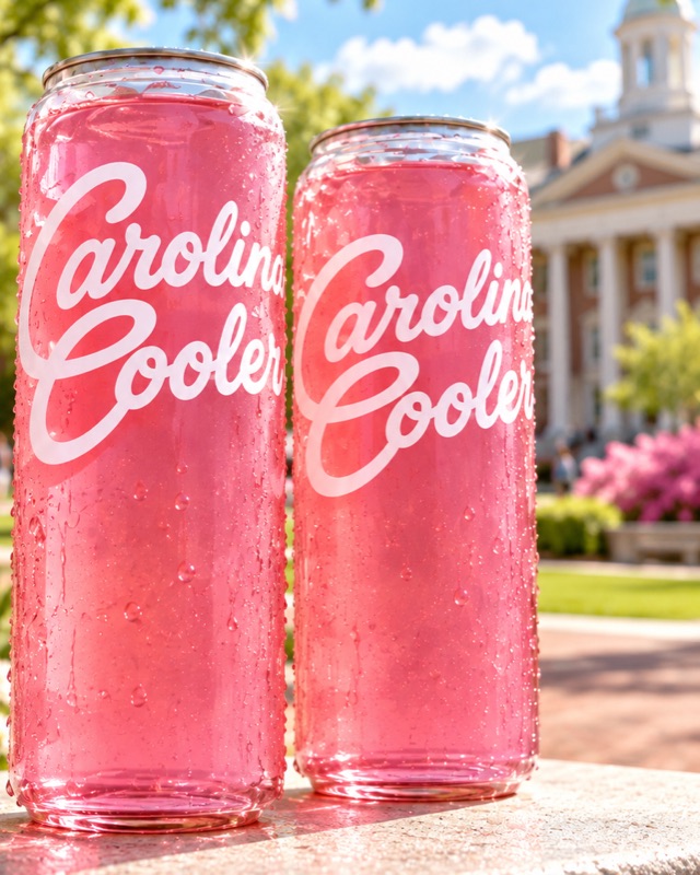 A pink can of Carolina Cooler held up in the sun