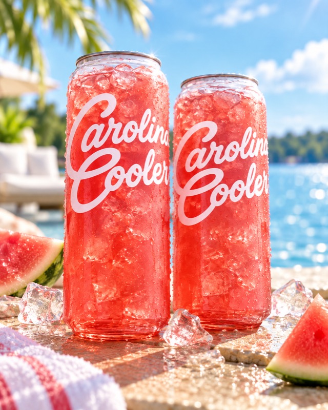 Two cans of red Carolina Cooler on ice by the water, with watermelon slices